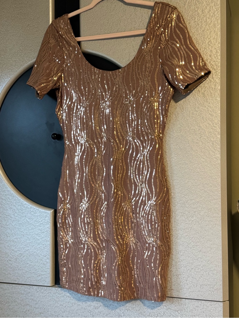 bebe Bronze Sequin Wave Short Sleeve Mini Dress